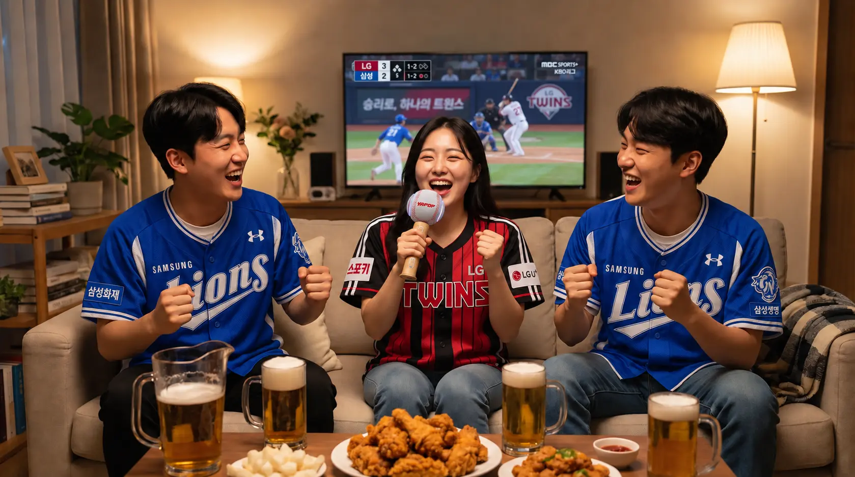 LG 트윈스와 삼성 라이온즈 팬들이 거실에서 YAPOP 마이크로 함께 응원하는 콘셉트 이미지