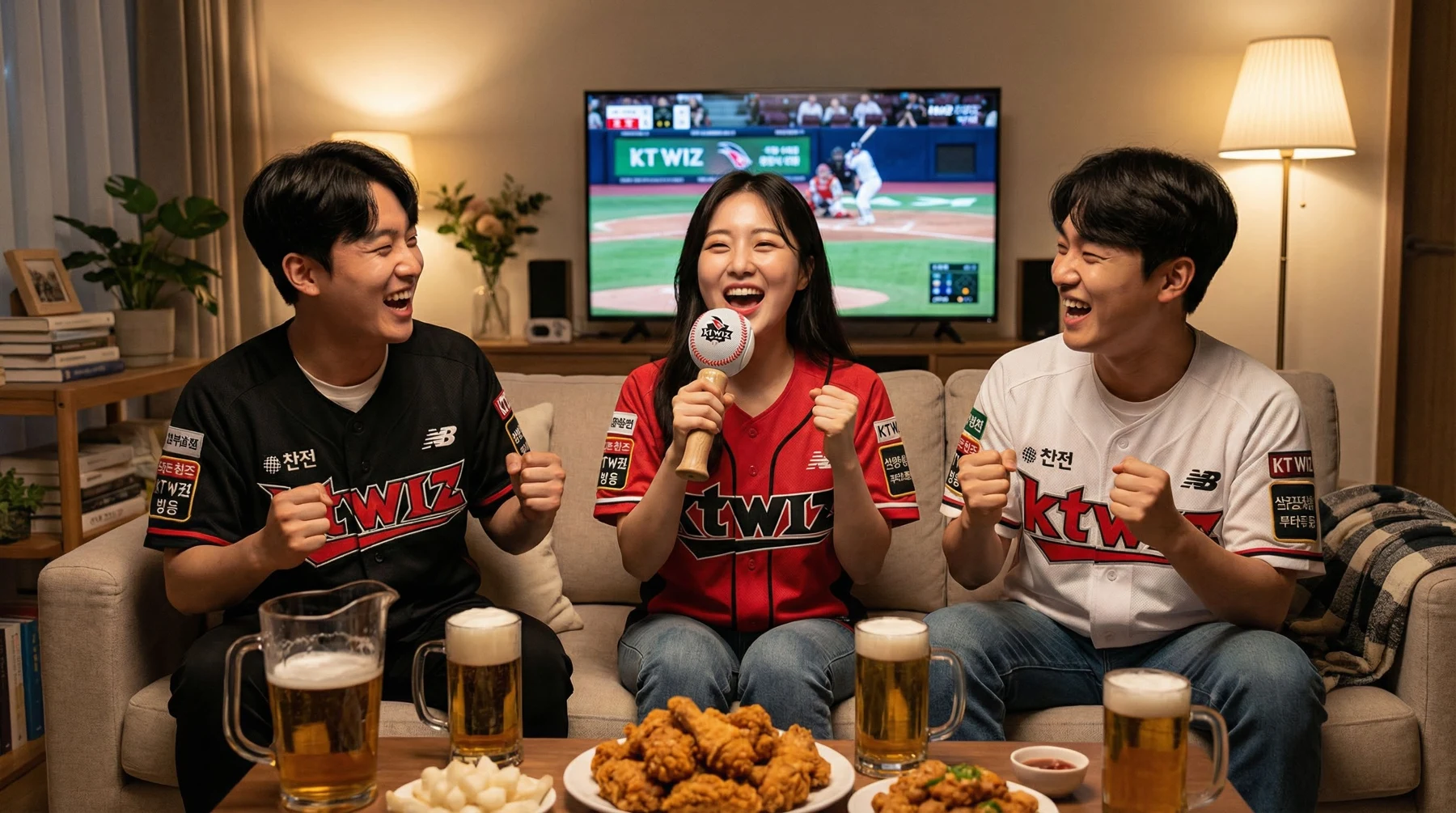 거실에서 야구 경기를 보며 함께 응원하는 팬들의 콘셉트 이미지